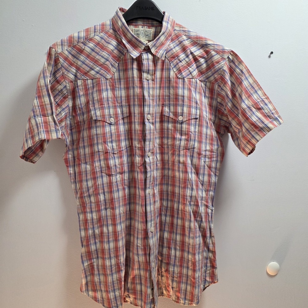 Lucky Brand Shirt Mens Large Red Plaid Pearl Snap Cowboy Outdoors Casual Classic - Picture 7 of 8